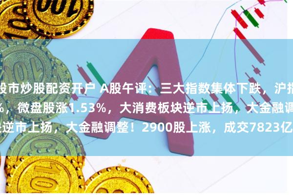 股市炒股配资开户 A股午评：三大指数集体下跌，沪指跌1.05%创指跌1.79%，微盘股涨1.53%，大消费板块逆市上扬，大金融调整！2900股上涨，成交7823亿缩量213亿